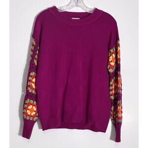 Jodifl Women's Sweater Size Small Purple Knit Pullover Crew Neck Crochet Sleeve
